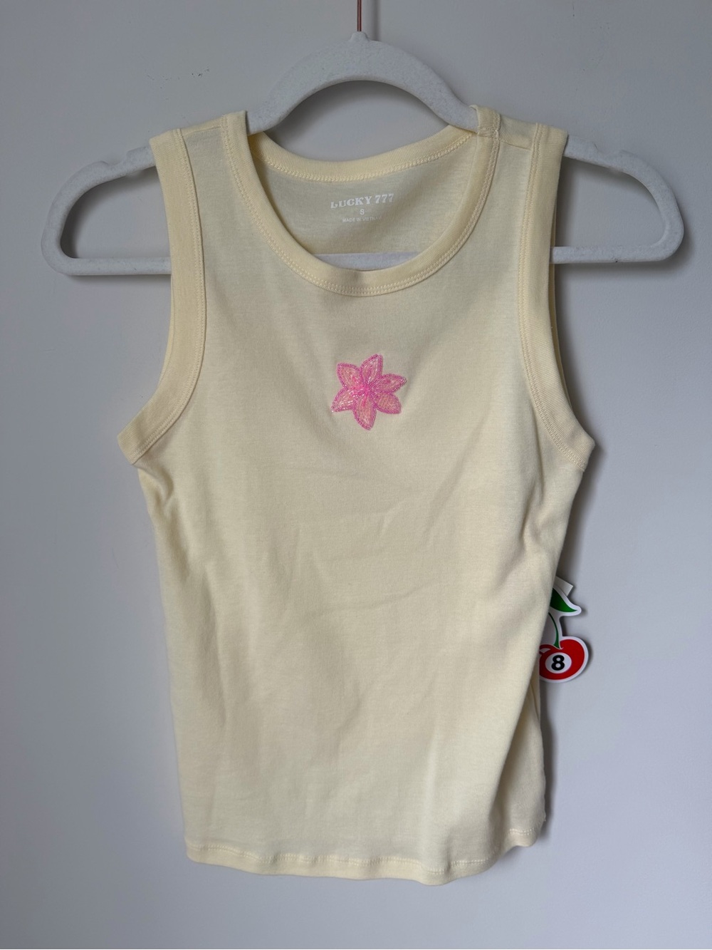 Yellow beaded pink tropical flower cotton Tank Top